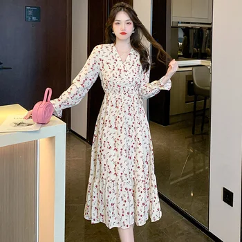 Корейското модно рокля с разпокъсани цветя модел, женствена рокля с V-образно деколте и изгорени ръкави, темпераментное рокля с дължина до коляното, японското хубава рокля за момичета