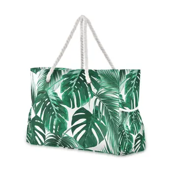Плажна чанта със зелени тропически палмови листа, модни дамски лятна чанта на рамото голям капацитет, ежедневна пътна чанта за пазаруване