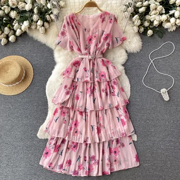 Ново модно винтажное плиссированное пищни рокля с флорални принтом, женски лятото елегантна рокля с V-образно деколте и къс ръкав, Vestidos K238