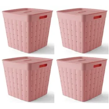 Вашата зона за деца и юноши Пластмасови широко оплетка розова кофа за съхранение с капак, 4 опаковки
